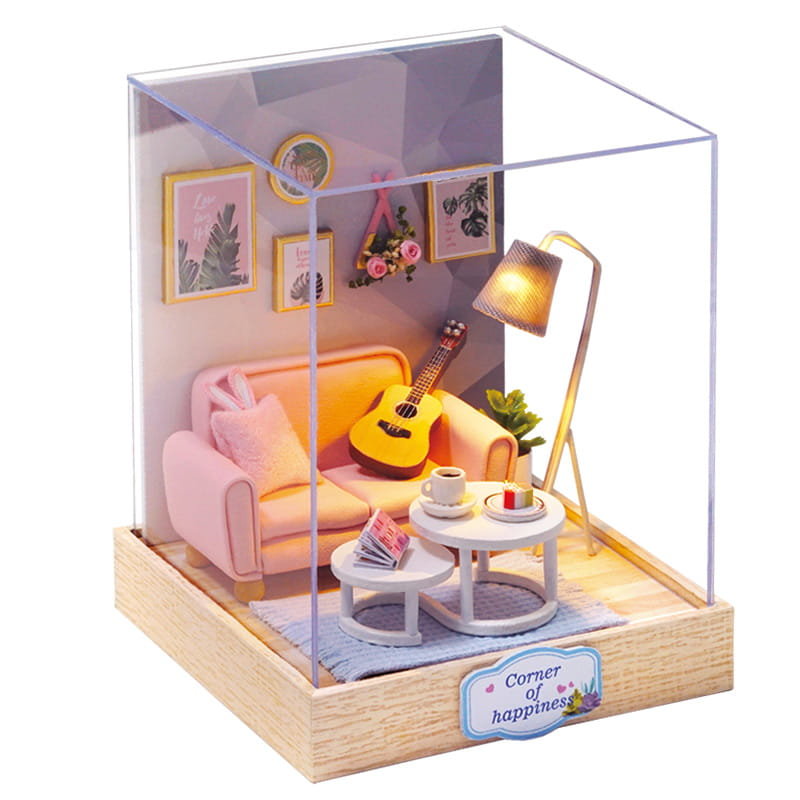 Miniaturowy domek DIY, do sklejania, składania LED Salon, Gitara, Lampa