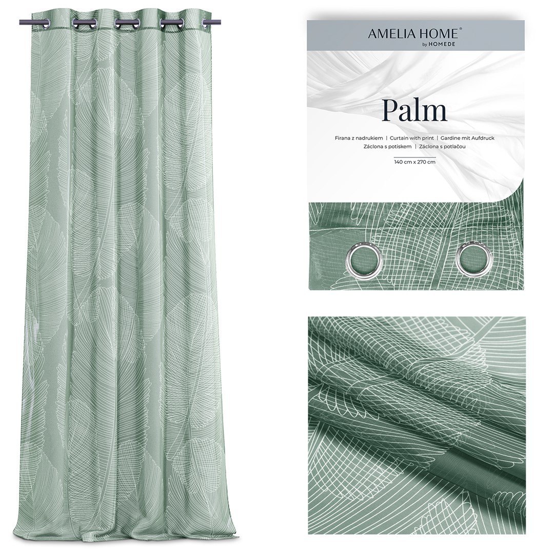 Firana PALM kolor zielony drukowany motyw roślinny przelotki przelotki srebrne woal 140x270 ameliahome - SCURT/AH/PALM/EYELETS/1