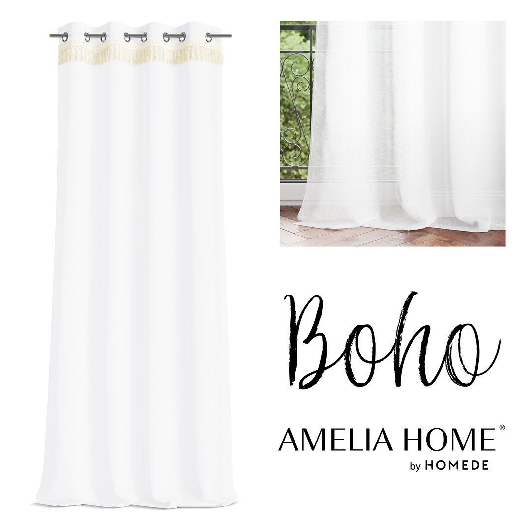 Firana BOHO kolor biały przelotki przelotki srebrne woal 140x270 ameliahome - SCURT/AH/BOHO/EYELETS/140X270
