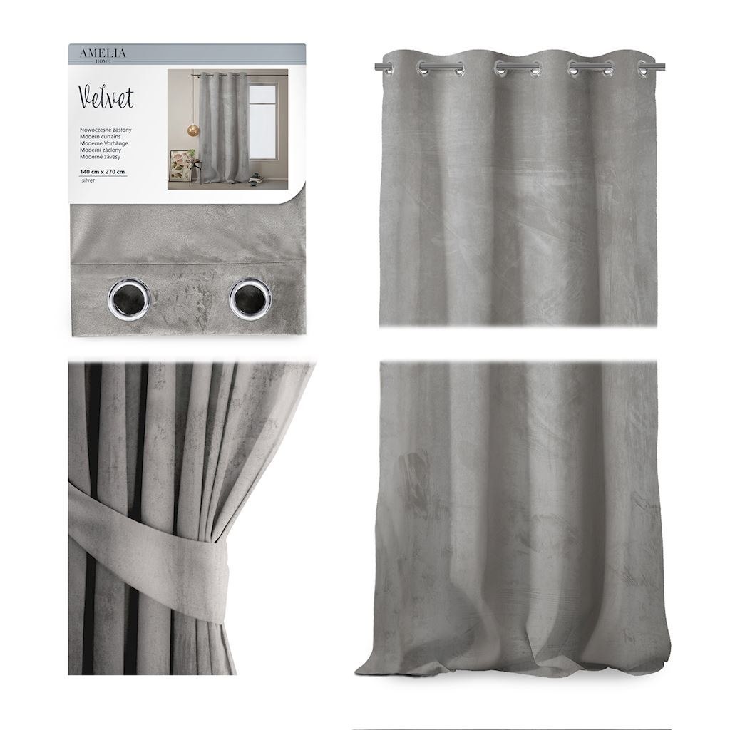 Zasłona VELVET kolor srebrny styl klasyczny przelotki srebrne velvet 140x270 ameliahome - CURT/AH/VELVET/EYELETS/SILVER/140X270/