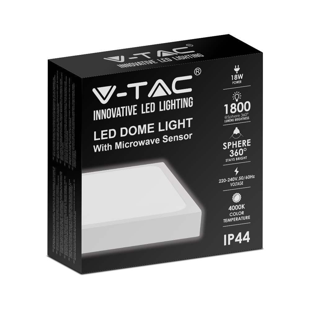 Plafon V-TAC 18W LED Kwadrat IP44 Czujnik Ruchu Mikrofalowy 23x23cm Biały VT-8618S 4000K 1800lm