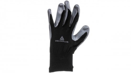 Deltaplus Delta Plus VE712GR10 poliestrowe rękawiczki z delikatnym dzianiny, powierzchnia dłoni nitryl, czarno-szare, 10, 240 sztuk
