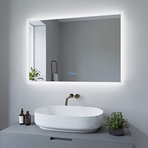 AQUABATOS Lustro łazienkowe z oświetleniem LED, energooszczędne, przełącznik dotykowy, możliwość ściemniania, zimna biel 6400 K, ciepła biel, 3000 K, 100 x 70 cm, ogrzewanie lustra, IP44, CE, 100 x 70
