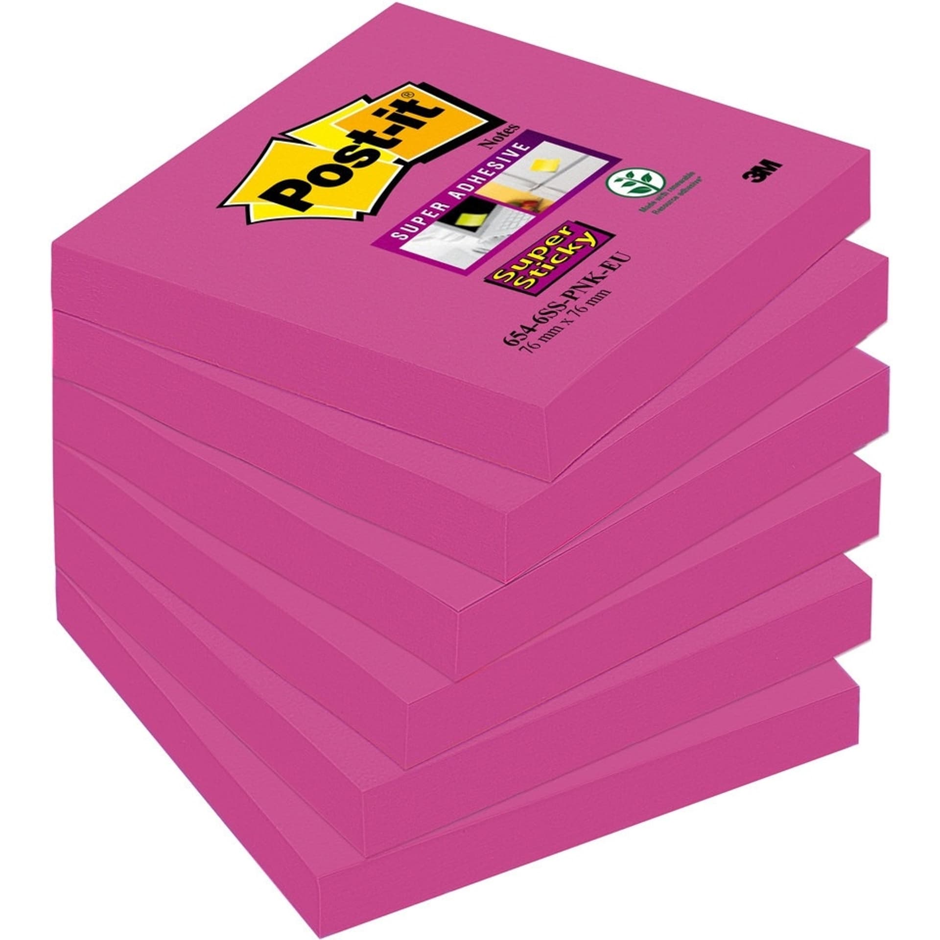 Bloczki 3M POST-IT 76x76mm fuksja Super Sticky opakowanie 6 bloczków x 90 kartek 654-6SS-PNK