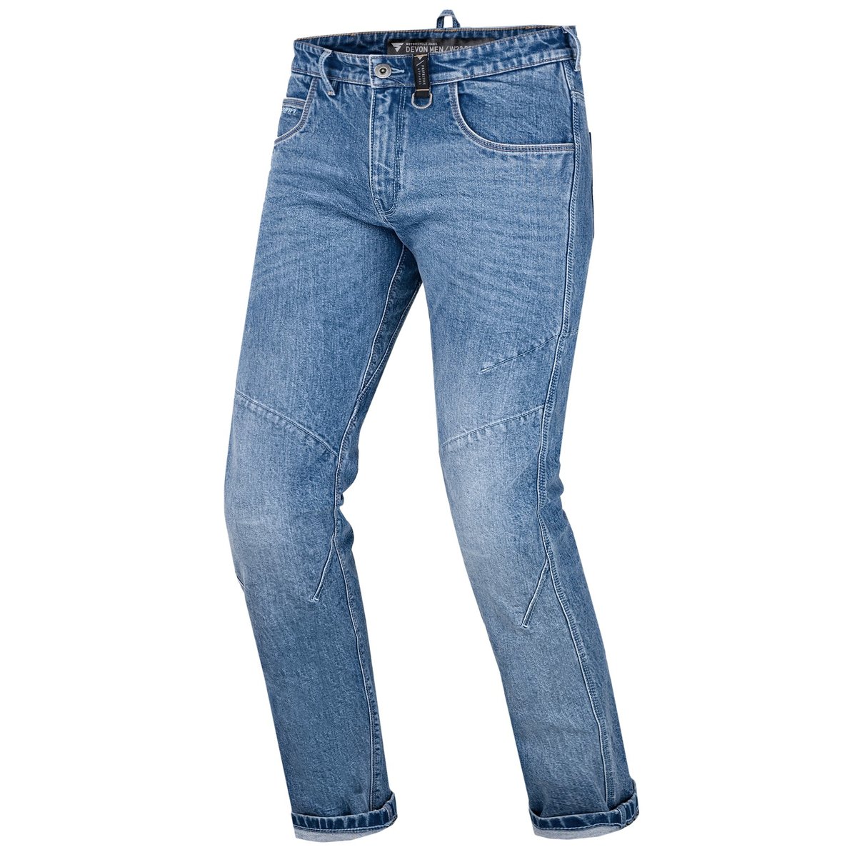 SHIMA Devon Dżinsy motocyklowe - wentylowane elastyczne spodnie jeździeckie slim fit męskie ze wzmocnieniami FiberQL, ochraniacze na kolana i biodra CE (męskie, niebieskie, 36)