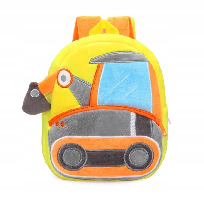 Plecak dla przedszkolaka dziewczynki i chłopca jasnożółty z maszynami budowlanymi dwukomorowy
