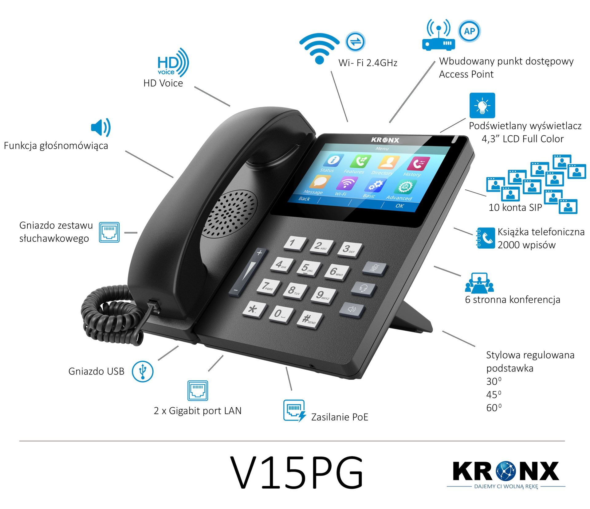 KRONX Telefon IP V15PG - PoE