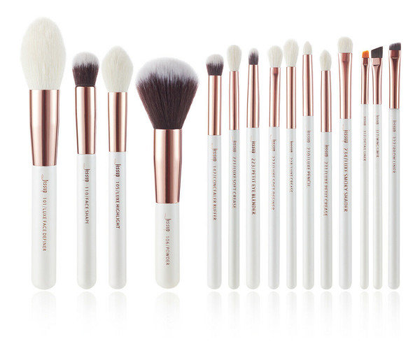 Jessup 15 sztuk Pearl Biały/różowo-złoty Professional Make-Up-zestaw pędzli do makijażu pędzel zestaw narzędzi Foundation puder Definer Shader Liner t222 PW25-222