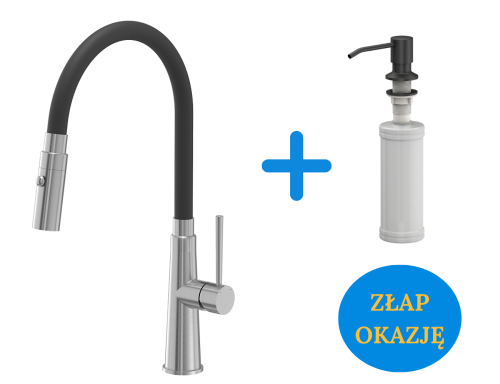 Quadron POP Bateria zlewozmywakowa stalowa GINA STEELQ z elastyczną czarną wylewką i funkcją prysznica plus dozownik okrągły do płynu KEIRA kolor pure carbon