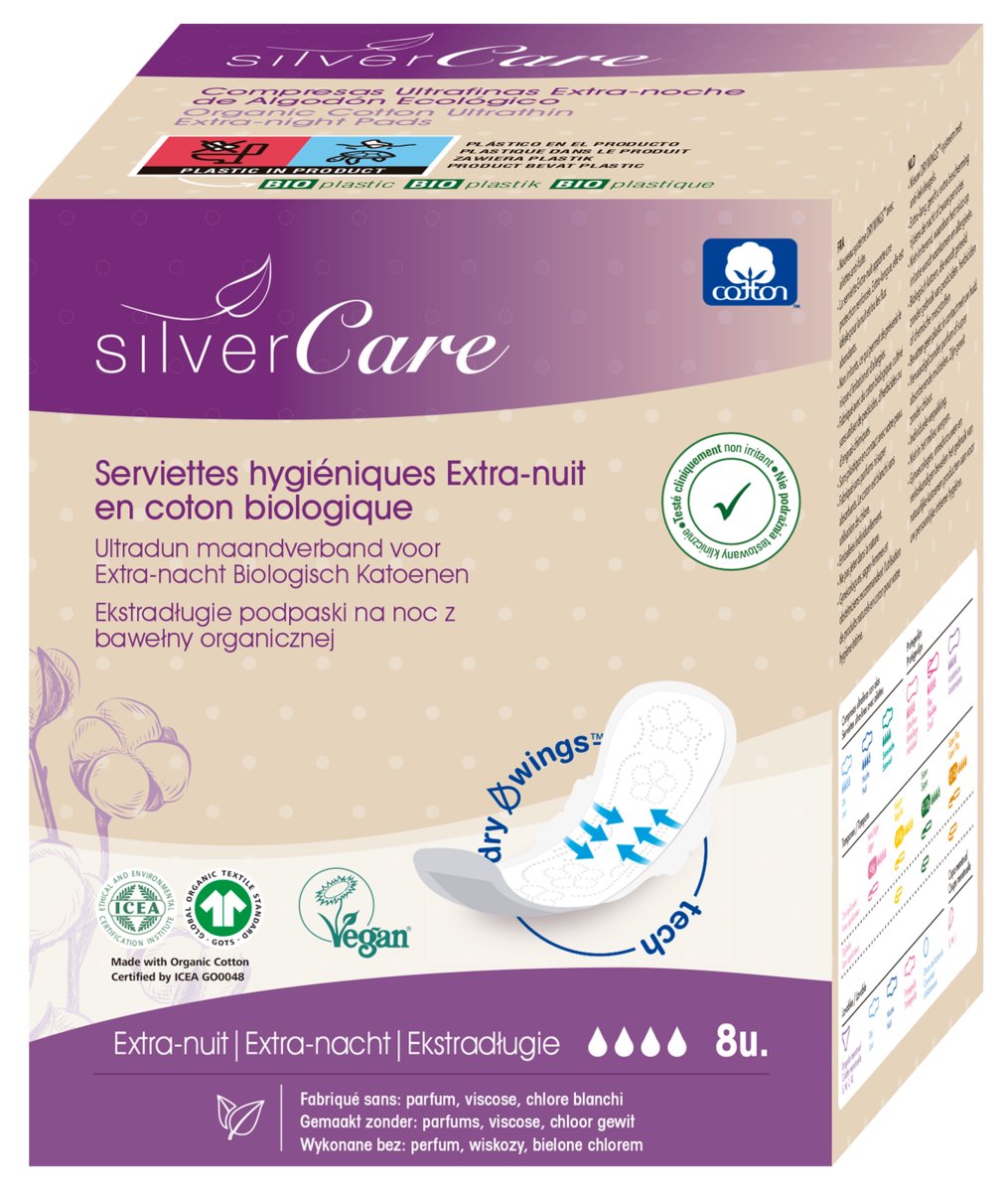 Silver Care ekstradługie podpaski na noc z bawełny organicznej 8szt