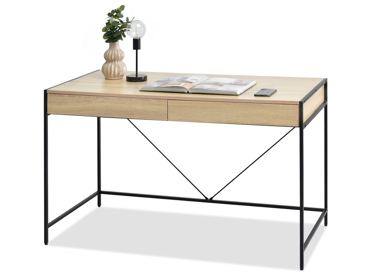 PROSTE BIURKO Z SZUFLADAMI UNIF SONOMA I CZARNY STELAŻ