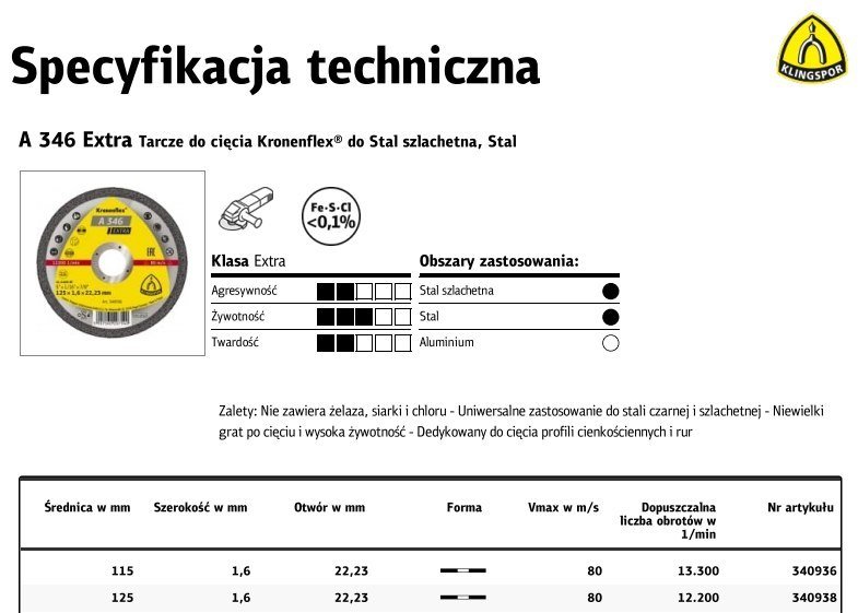 Klingspor tarczado cięcia metalu 115mm x 1,6mm x 22,2mm 340936