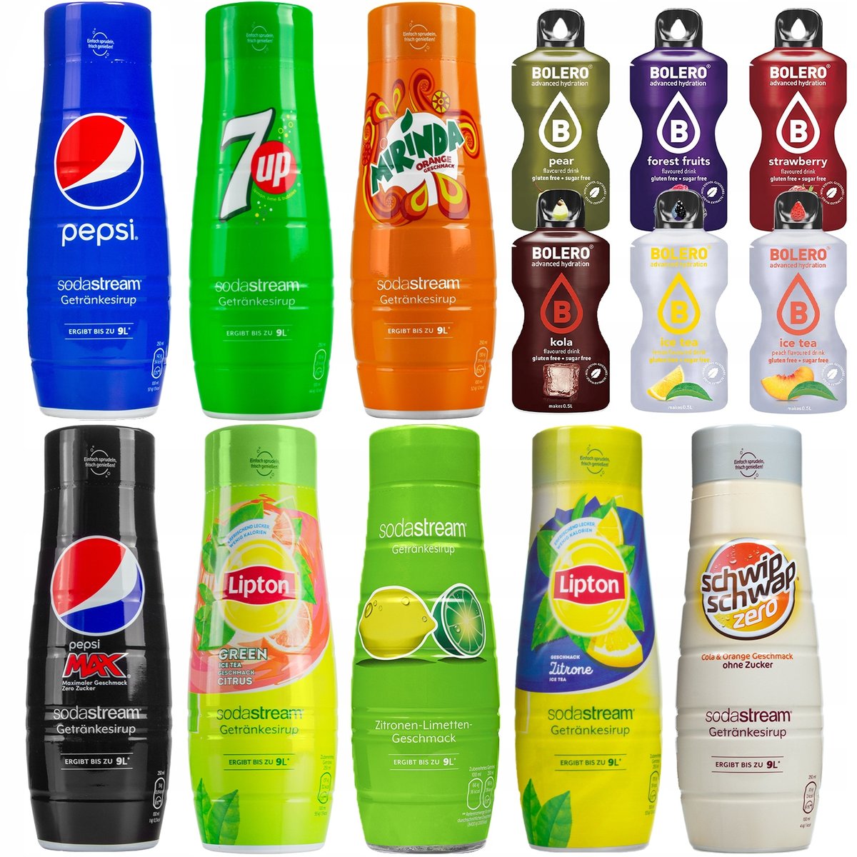 8x syrop Sodastream Pepsi, 7UP, Mirinda, Pepsi Max, Lipton Zielony, Cytryna-Limonka, Lipton Cytryna, Schwip Schwap zero