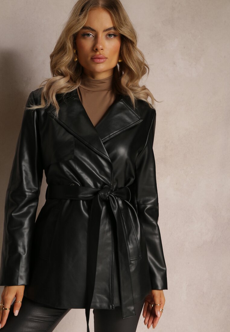 Czarny Wiązany Płaszcz Dwurzędowy z Imitacji Skóry Primael
