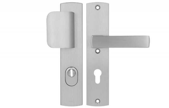 Pochwyt-klamka Axa APOLLO Premium 72 WB klasa 3 z zabezpieczeniem wkładki FLEX (p.poż.), kolor F6 - stal nierdzewna (grubość drzwi 74-83 mm)