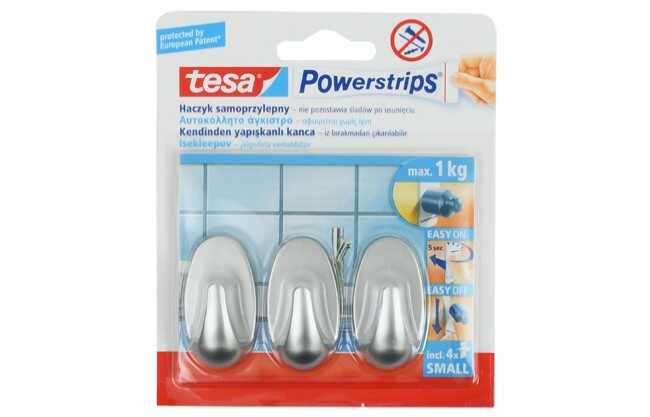 Haczyk samoprzylepny Tesa Powerstrips (57519), nośność do 1 kg, owalny szary (3szt.)