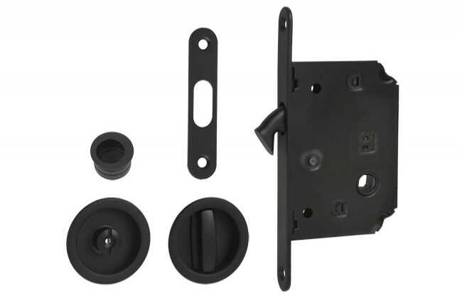 Zamek do drzwi przesuwnych + uchwyty okrągłe z WC czarny matowy