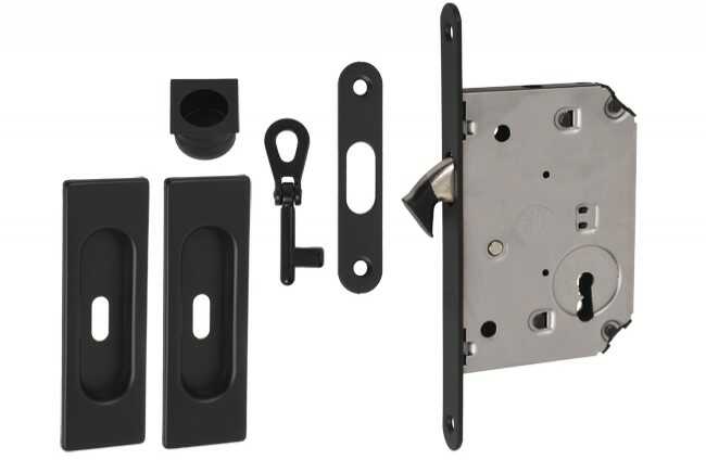 Zamek do drzwi przesuwnych + uchwyty prostokątne KL czarny matowe