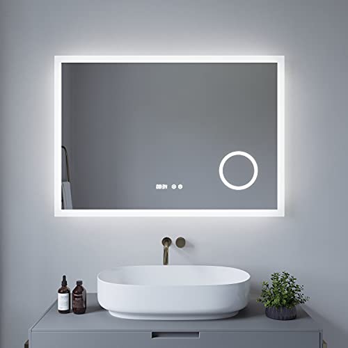 AQUABATOS® Lustro łazienkowe z serii ECHOS, typ D, z oświetleniem, ochrona przed zaparowaniem, 3-krotne powiększenie, cyfrowy zegar, przełącznik dotykowy, możliwość ściemniania, zimna biel, 6400 K