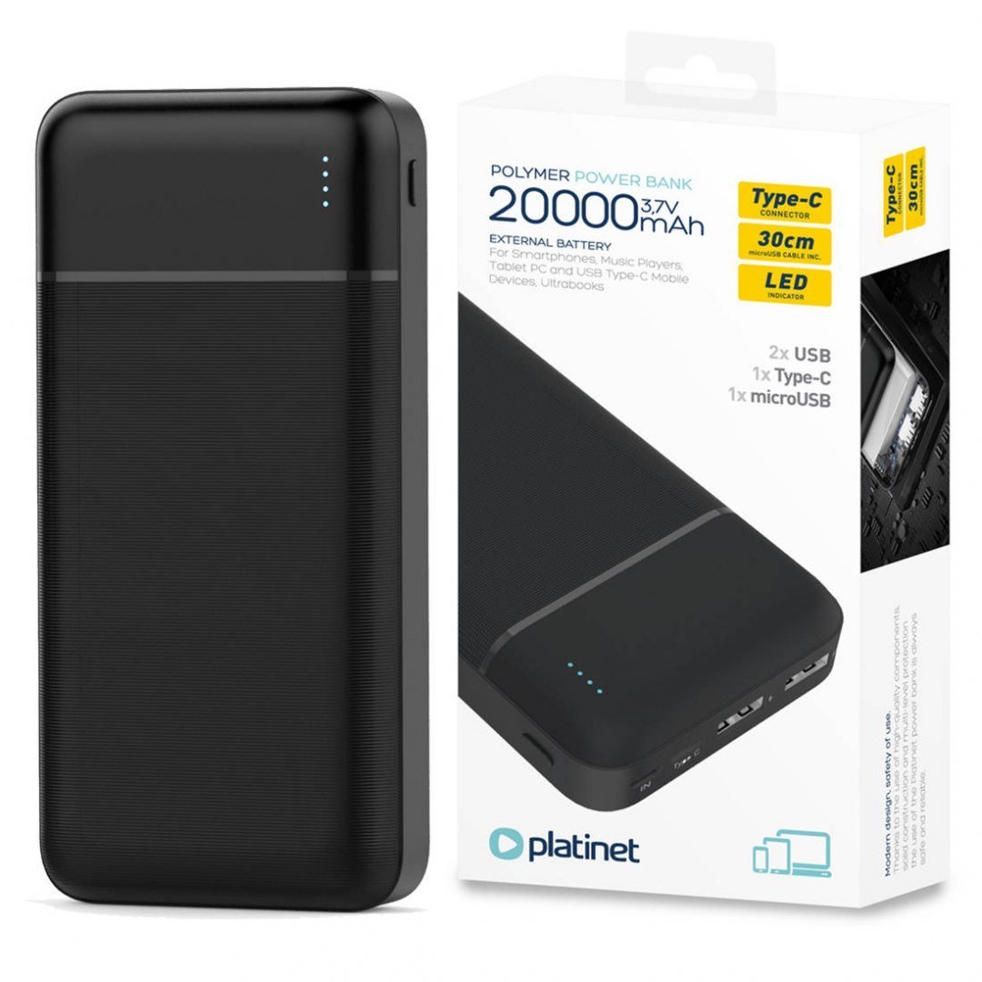 Power Bank 20000Mah (2Xusb + Usb Typ C + Micro Usb) Platinet Polymer Abs Texture Bateria Zewnętrzna (45722) Czarny