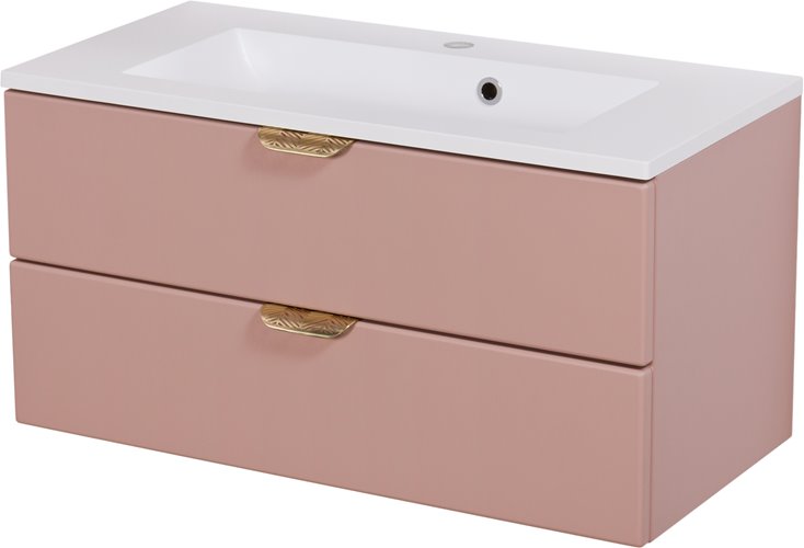 Szafka łazienkowa pudrowy róż z umywalką złoty uchwyt 80 cm Magnolia Gante