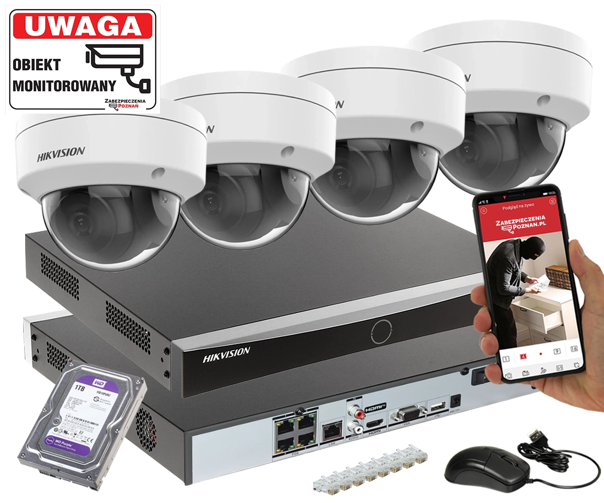 Фото - Комплект відеоспостереження Hikvision System monitoringu 4 kamery po skrętce DS-2CD1143G2-I 4MP MD2.0 POE Dysk 1 