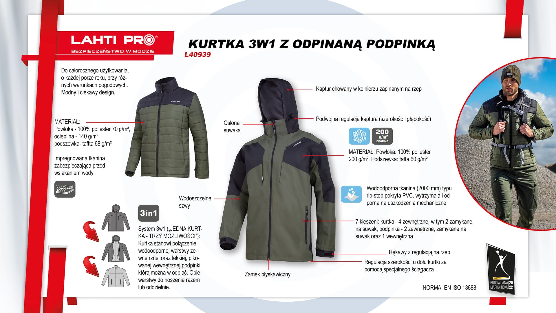 KURTKA 3W1 Z ODPINANĄ PODPINKĄ ZIEL.-CZAR., 