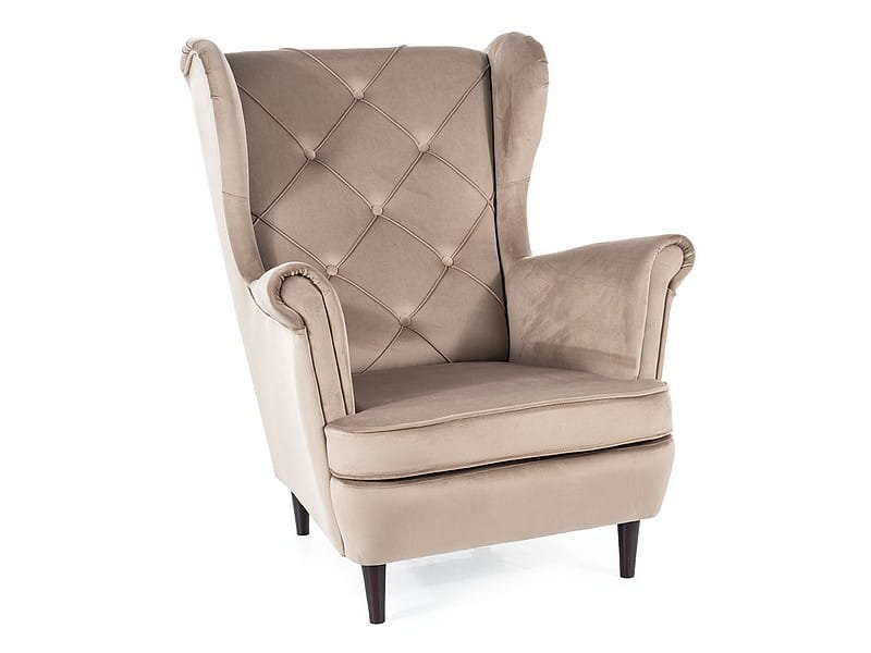 Fotel uszak welurowy LADY VELVET tapicerowany ciemno beżowy/wenge
