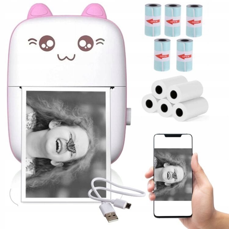 DRUKUŚ DRUKARKA TERMICZNA MINI KOT + 11 SZT ROLEK
