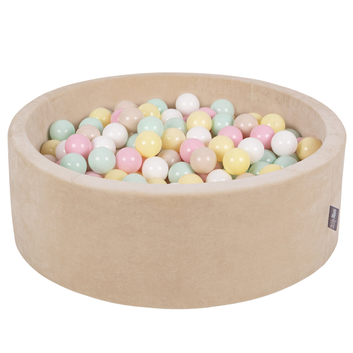 1182 KiddyMoon Suchy basen okrągły VELVET z piłeczkami 7cm beż piasku: pastelowy beż-pastelowy żółty-biały-mięta-pudrowy róż 90x30cm/200piłek Zabawk..