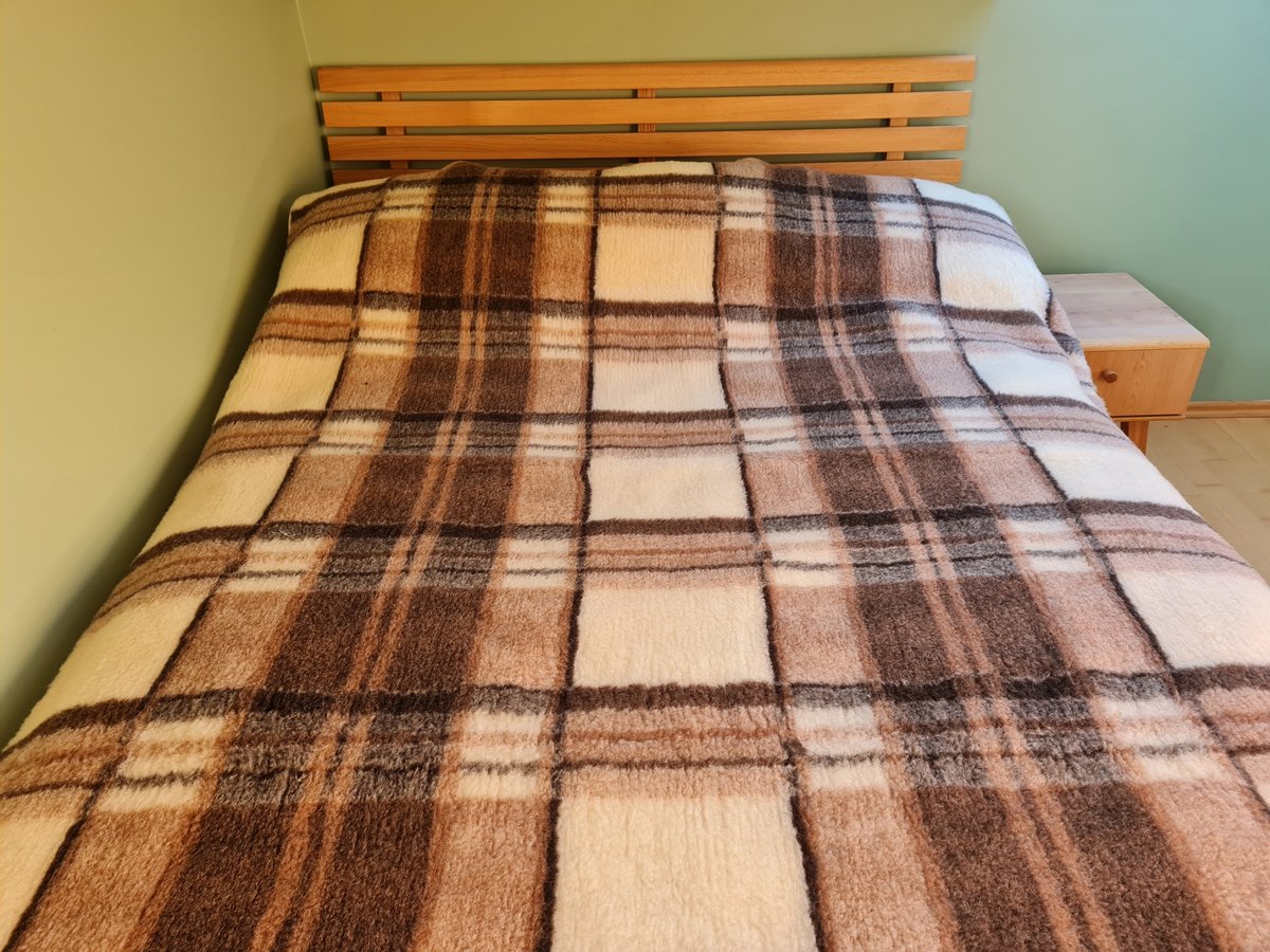 Koc Wełniany Żakardowy 155X200 Krata Kremowy Brązowy