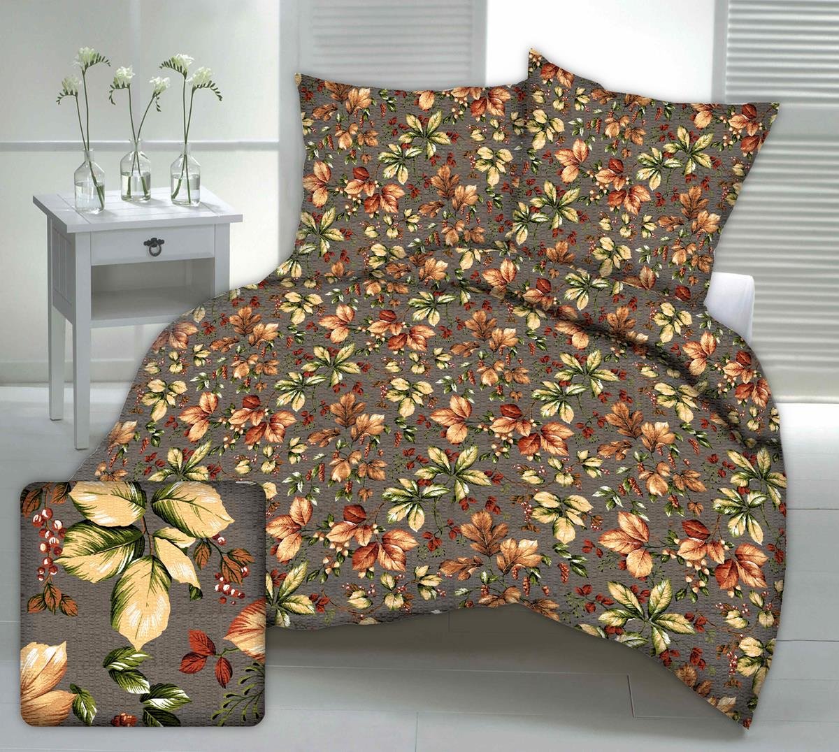 Pościel Satyna Korowana 160X200 Grafitowa Jesienne Liście