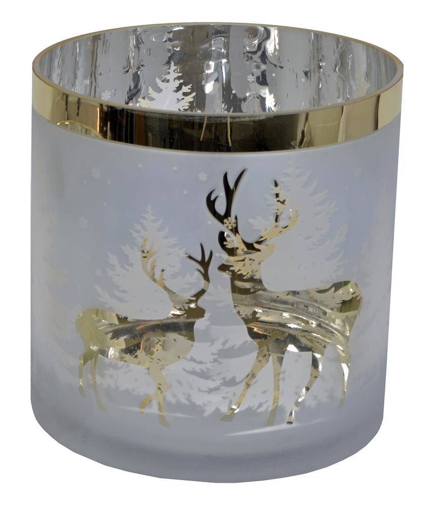 Świecznik szklany ze złotymi reniferami maxi