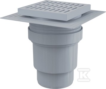Kratka ściekowa 150x150/110 mm odpływ pionowy, kratka szara, dwa poziomy izolacji, syfon mokry