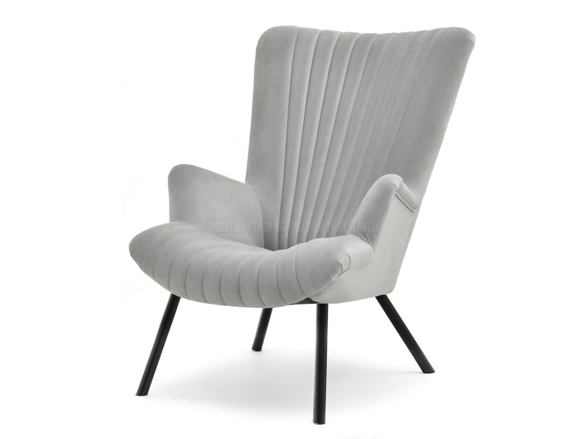 JASNOSZARY FOTEL LANZA Z WELURU NA CZARNEJ PODSTAWIE Z METALU