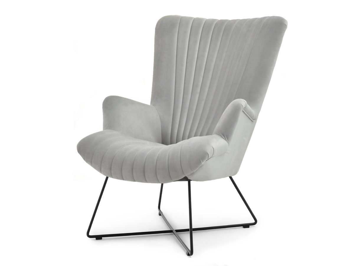 AKSAMITNY FOTEL NELL JASNOSZARY Z CZARNĄ DRUCIANĄ PODSTAWĄ