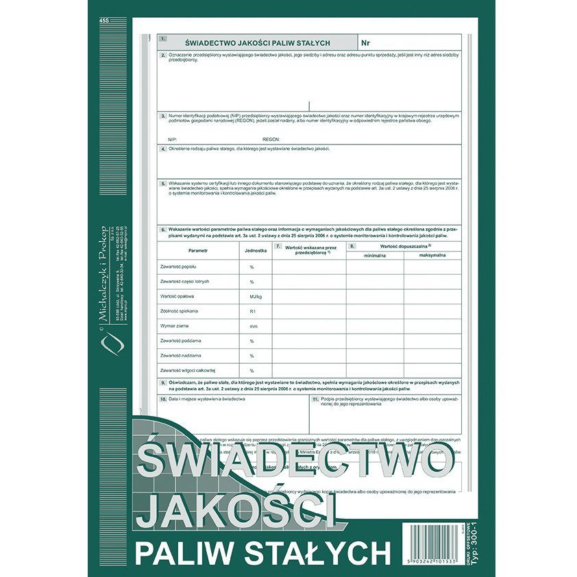 Michalczyk&Prokop Druk offsetowy świadectwo jakości paliw stałych A4 40 kartek 300-1/ MP275