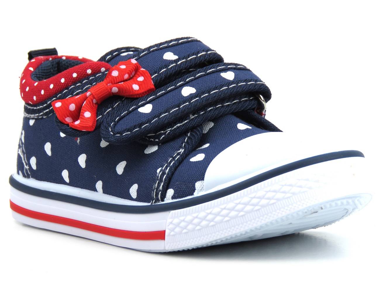 Trampki dziecięce na rzepy, tenisówki American Club TEN 67/22(23) 68/22(23), granatowe w serduszka - AMERICAN CLUB