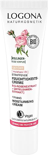 LOGONA naturalny kosmetyk, ujędrniający krem nawilżający, wygładzający krem do twarzy zapewniający naturalny blask, z wegańskim ekstraktem z róży organicznej i kolagenem, o działaniu przeciw starzeniu