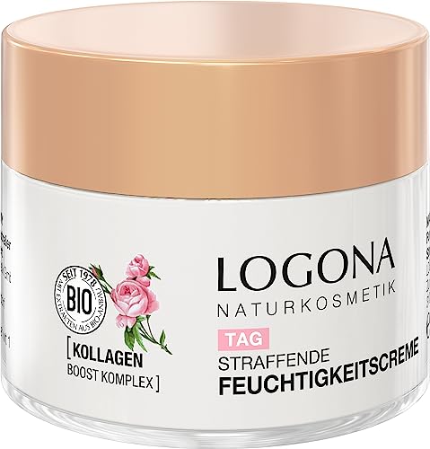 LOGONA naturalny kosmetyk, ujędrniający krem nawilżający, nawilżający krem do twarzy zapewniający naturalny blask, z wegańskim ekstraktem z róży organicznej i kolagenem, o działaniu przeciw starzeniu