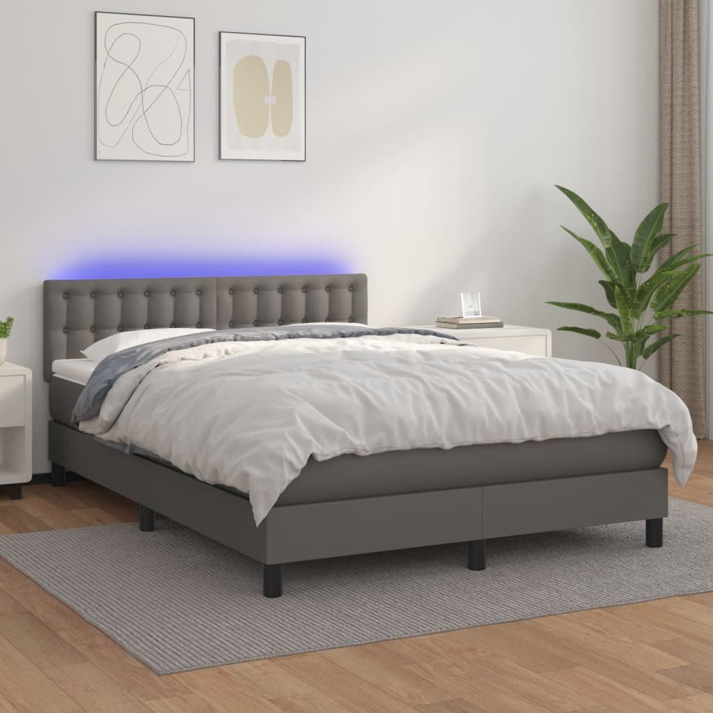 vidaXL Łóżko kontynentalne z materacem i LED, szara ekoskóra 140x200cm