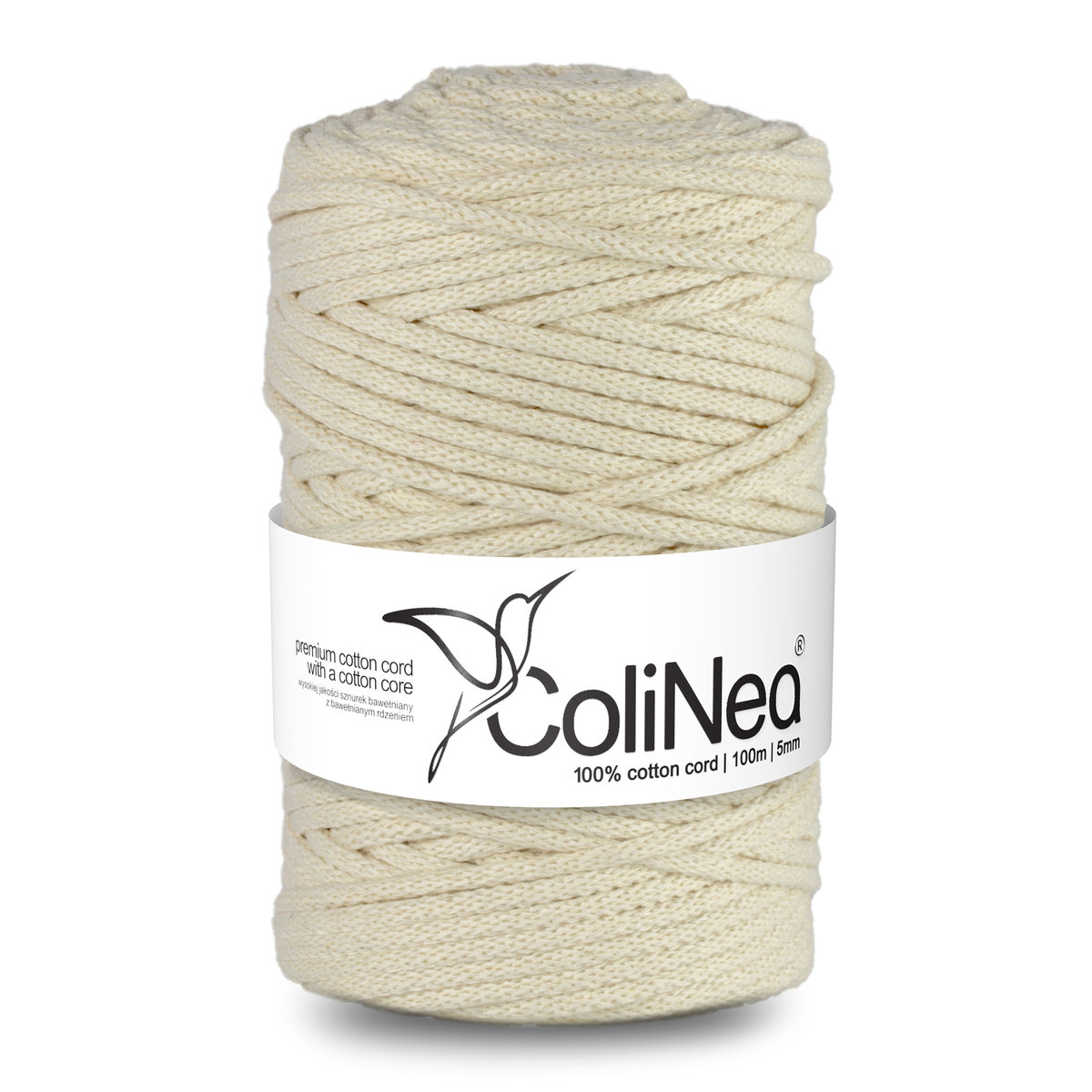 ColiNea/Sznurek bawełniany z bawełnianym rdzeniem, pleciony, 5mm, 100m, kość słoniowa