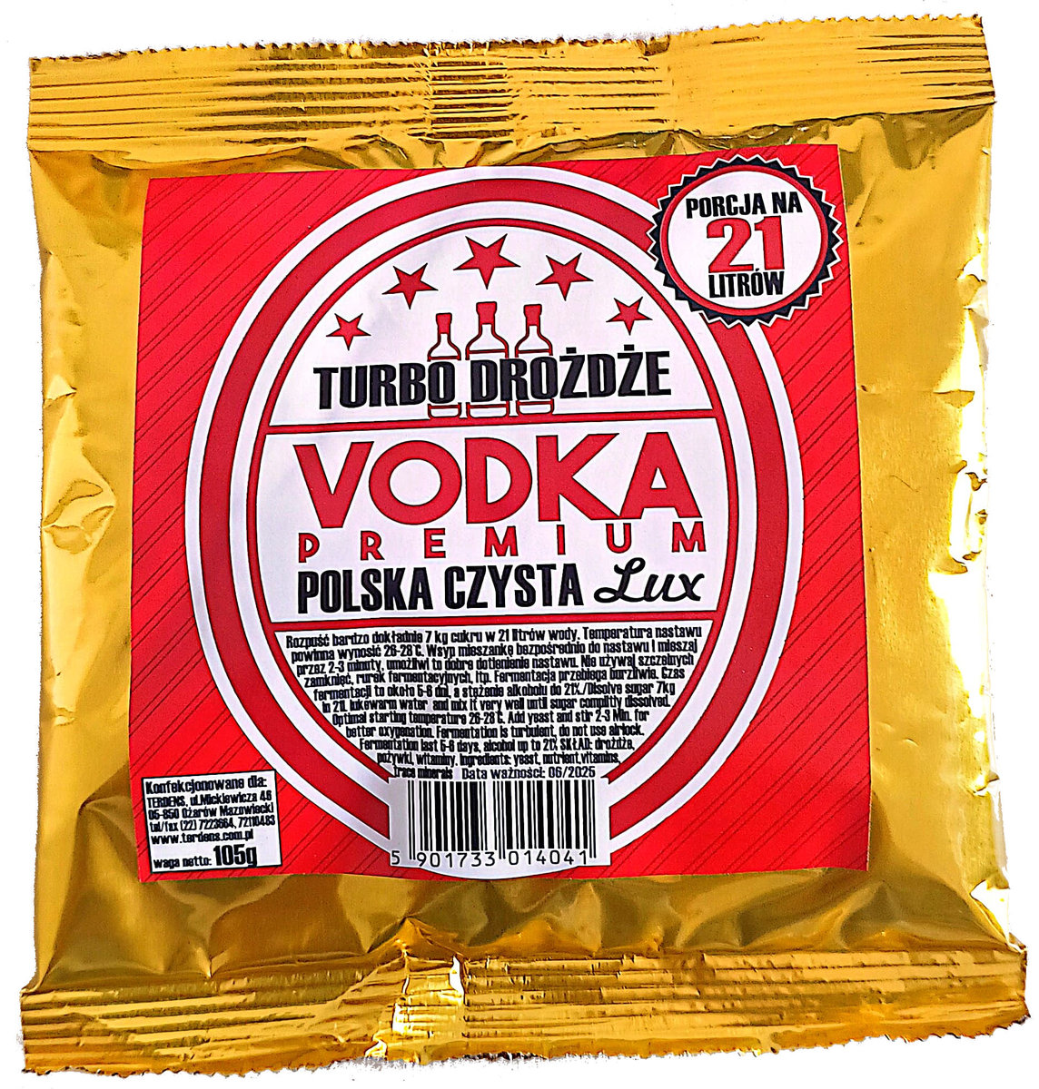 TERDENS - Turbo drożdże gorzelnicze - Vodka Premium - Polska czysta Lux - porcja na 21 litrów - 105 g