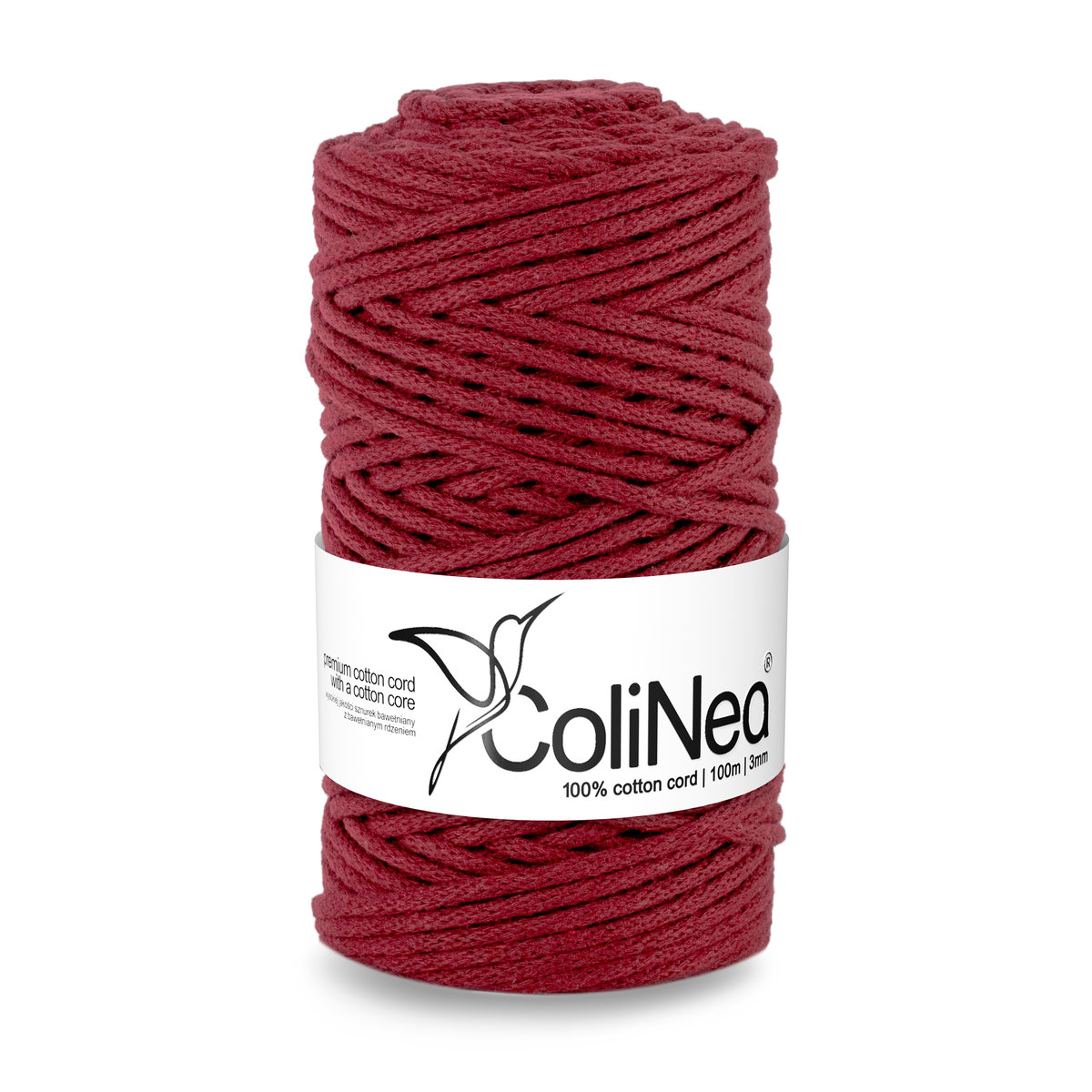 ColiNea/Sznurek bawełniany z bawełnianym rdzeniem, pleciony, 3mm, 100m, bordowy