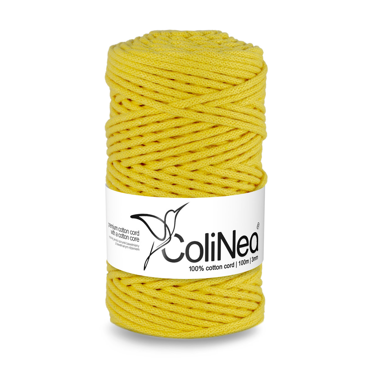 ColiNea/Sznurek bawełniany z bawełnianym rdzeniem, pleciony, 3mm, 100m, jasny żółty