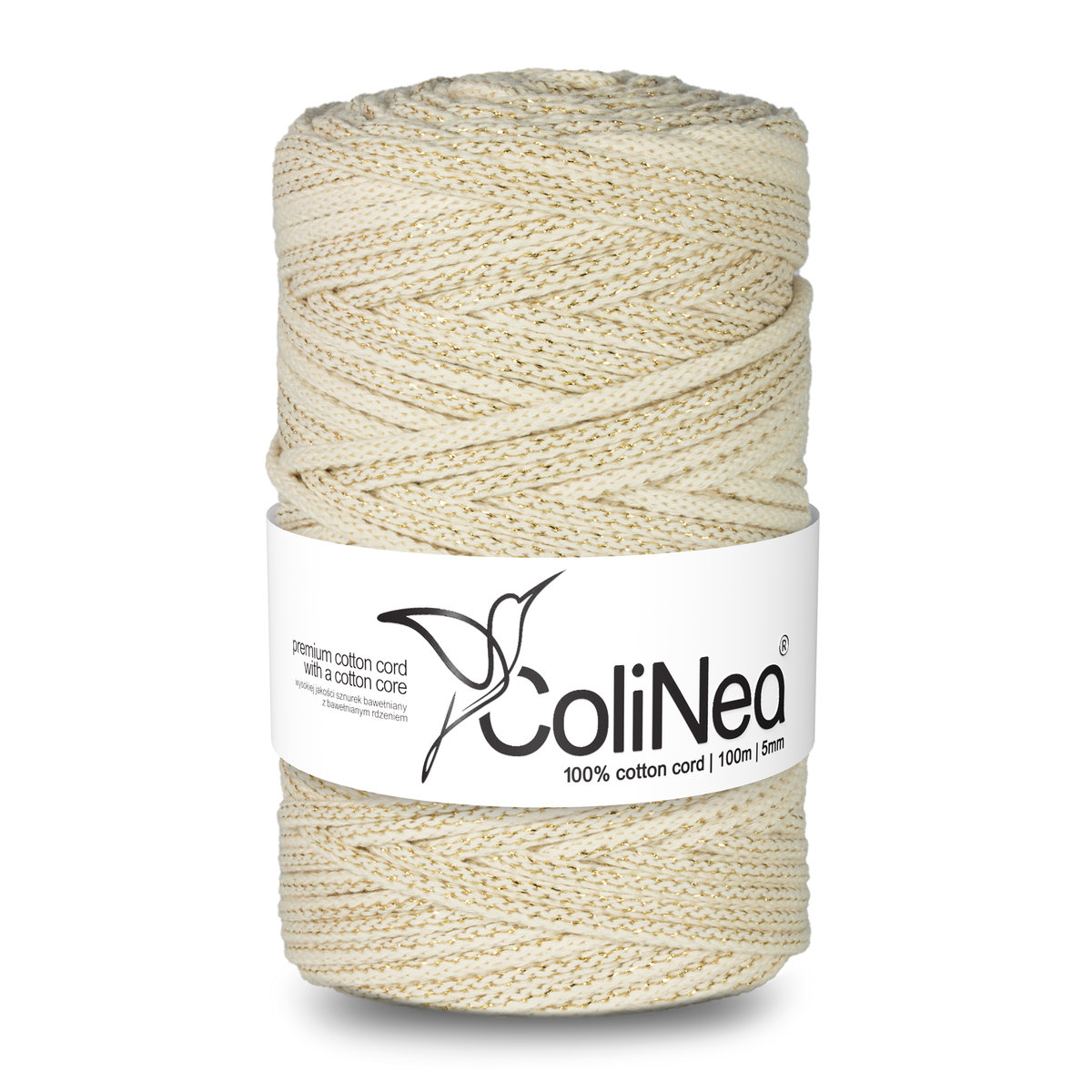 ColiNea/Sznurek bawełniany z bawełnianym rdzeniem, pleciony, 5mm, 100m, kość słoniowa + złota nić