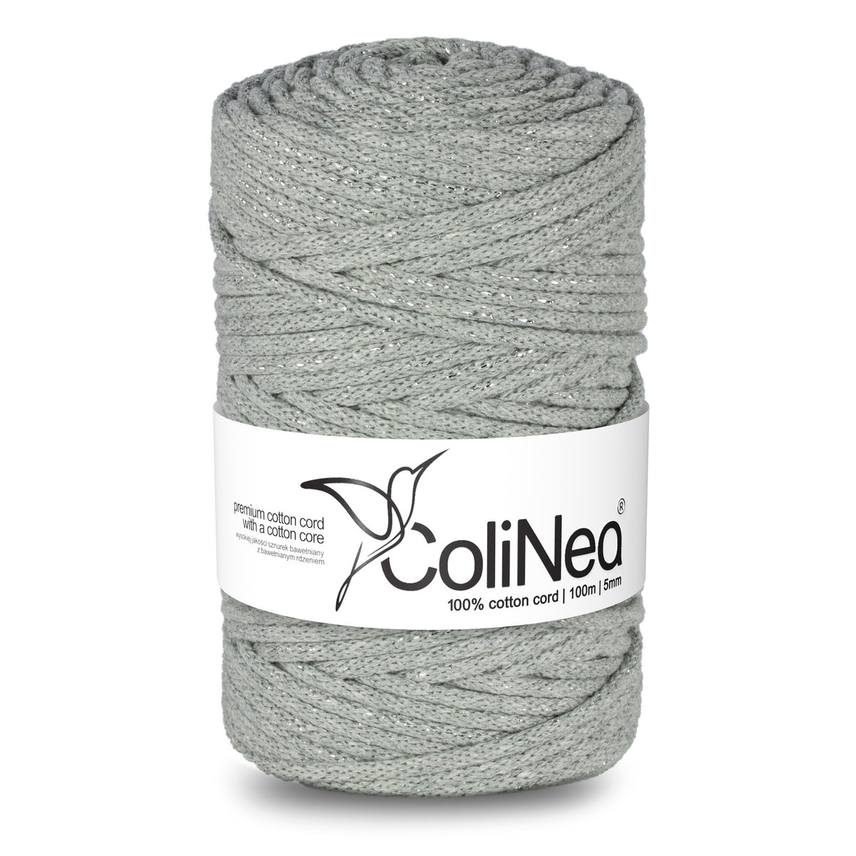 ColiNea/Sznurek bawełniany z bawełnianym rdzeniem, pleciony, 5mm, 100m, szary + srebrna nić
