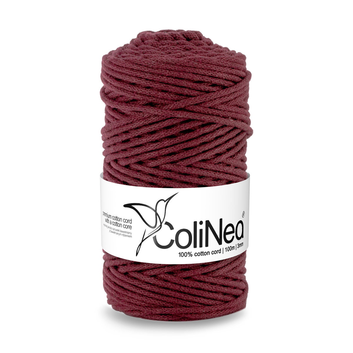 ColiNea/Sznurek bawełniany z bawełnianym rdzeniem, pleciony, 3mm, 100m, burgund