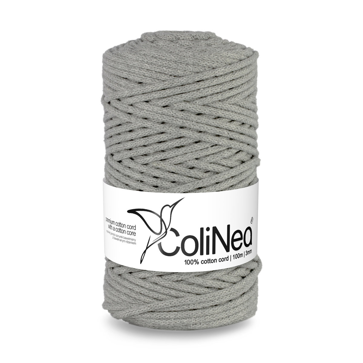 ColiNea/Sznurek bawełniany z bawełnianym rdzeniem, pleciony, 3mm, 100m, szary