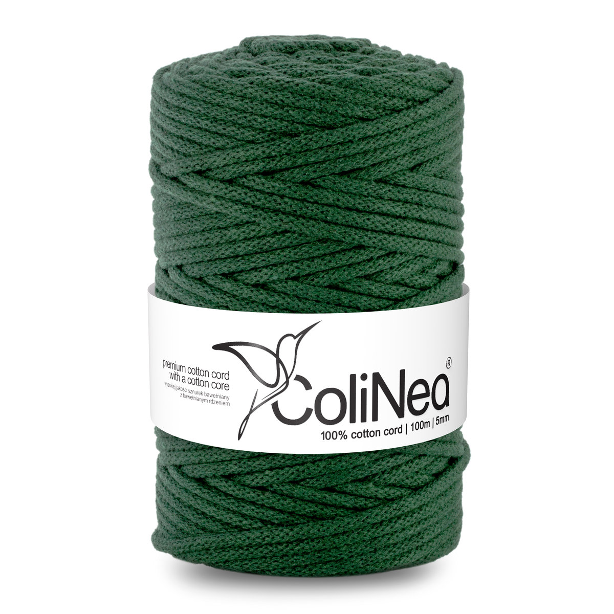 ColiNea/Sznurek bawełniany z bawełnianym rdzeniem, pleciony, 5mm, 100m, butelkowa zieleń